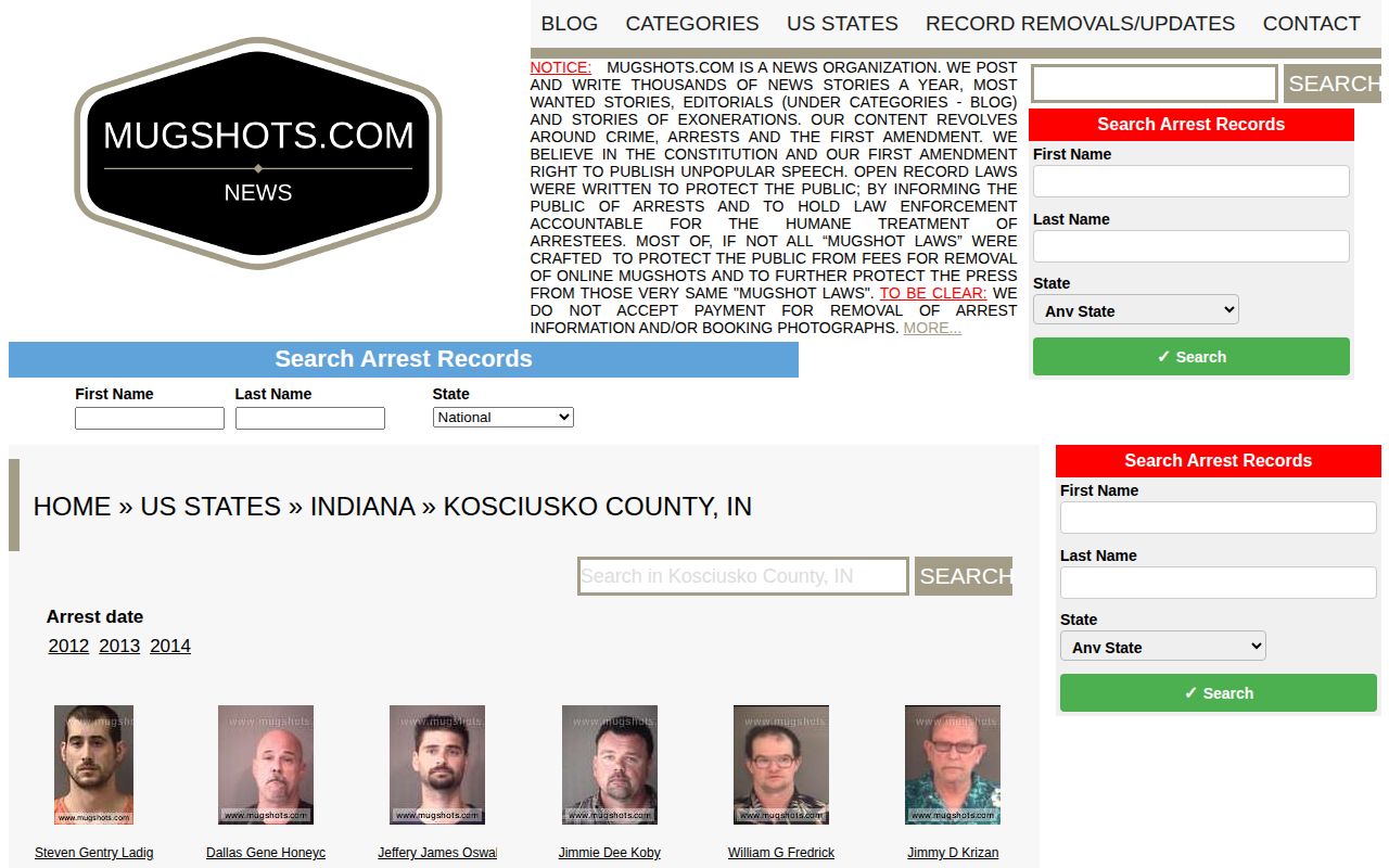Sparse unofficial Kosciusko County mugshot archive on Mugshots.com