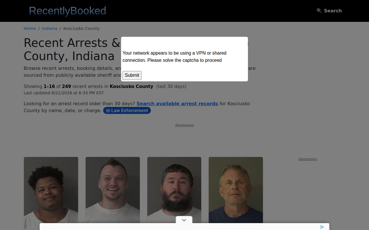Unofficial Kosciusko County booking and mugshot page on Recently Booked