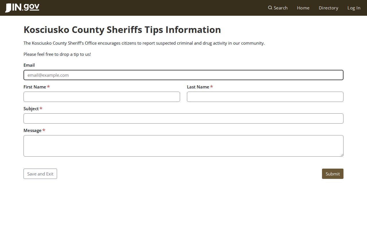 Kosciusko County Sheriff's official wanted-person tip form